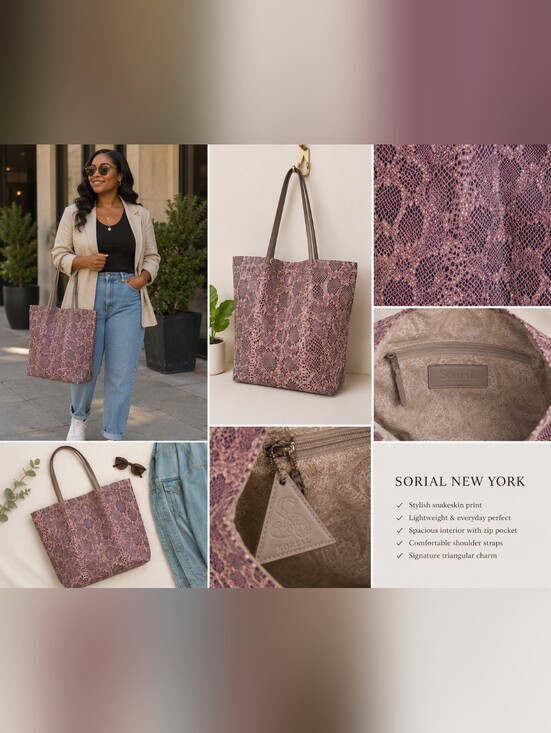 Handbags - Sorial New York Snake Print Tote Bag Pink Mauve Shoulder Purse